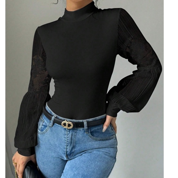 Luxe Mock Neck Fitted Floral Print Semi Sheer Long Sleeve Bodysuit - Picture 7 of 8